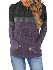 Color block ribbed knit hoodie in gray and purple with thumbholes and pockets.