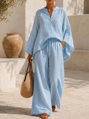 Notched Long Sleeve Top And Wide-leg Pants Set in White, back view