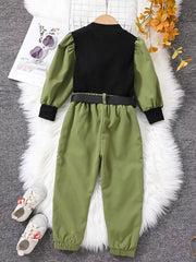 Children's Color Block Top And Pants Set in Army Green, fabric detail