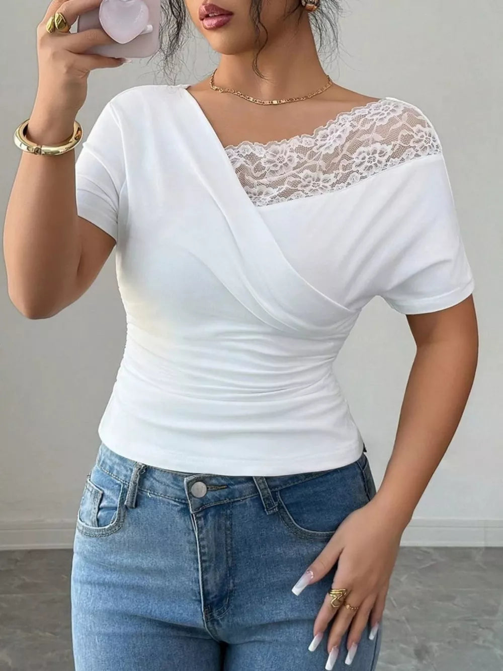 Elegant Lace Trim Asymmetrical Top in White, close-up detail