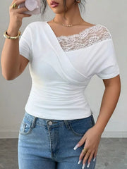 Elegant Lace Trim Asymmetrical Top in White, close-up detail