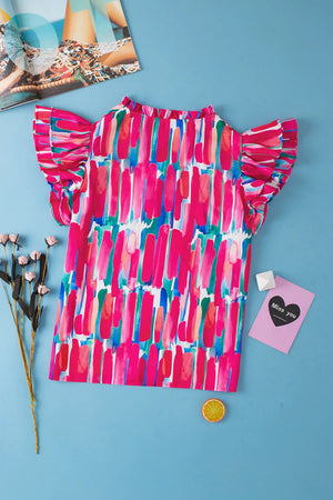 Brushstroke ruffle sleeve v-neck top in hot pink with abstract print.