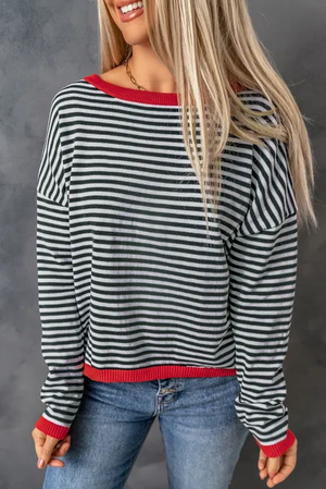 Striped crewneck sweater with red contrast trim and crew neckline