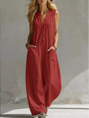 Chic V-neck Wide-leg Jumpsuit With Pockets