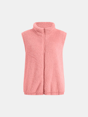 Teddy fleece stand-collar vest in watermelon pink with full zip closure