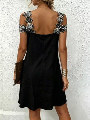 Lace Floral Trim Cold Shoulder Mini Dress in Black, model styling view