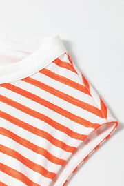 Colorblock stripe sleeveless jumpsuit with white neckline detail.