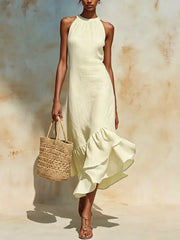 Full Size Ruffle Hem Sleeveless Midi Dress in Yellow, front view
