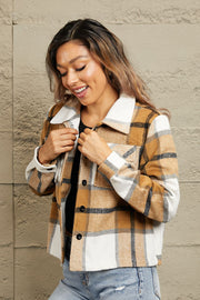 Checked plaid shacket in camel with contrast white collar and button front.