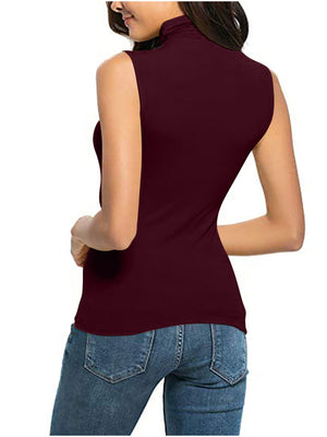 Sleeveless turtleneck t-shirt in dark red, fitted silhouette.