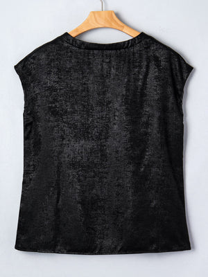 Black metallic tee with cap sleeves and round neck, textured polyester blend.