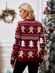 Burgundy acrylic knit sweater with gingerbread man and Christmas tree Fair Isle pattern.