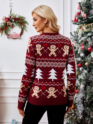 Burgundy acrylic knit sweater with gingerbread man and Christmas tree Fair Isle pattern.