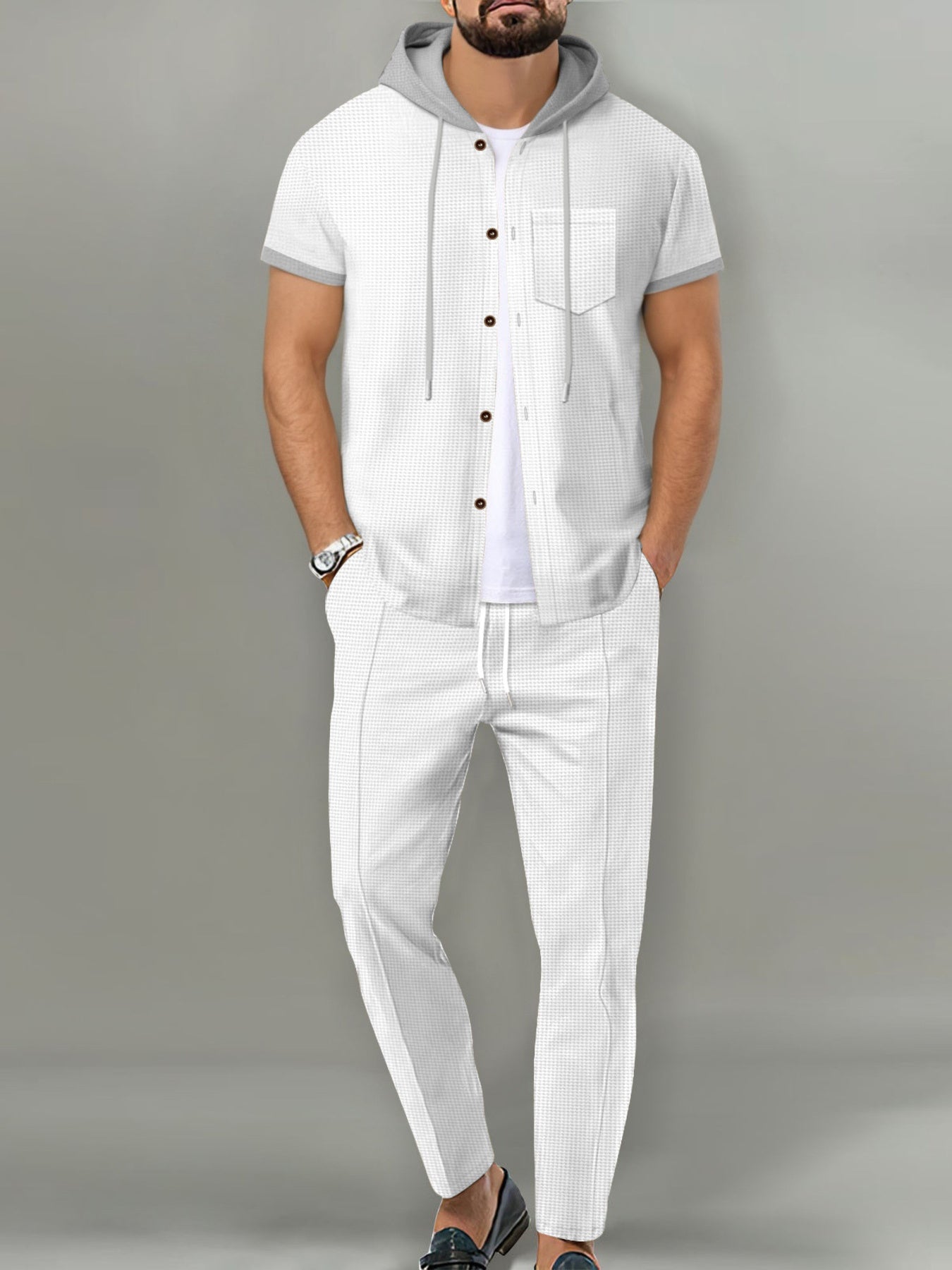 Men's Short-sleeve Hooded Top And Shorts Set, fabric detail
