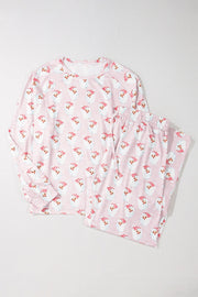 Santa Stripe Lounge Set in blush pink with a Santa Claus print and pinstripes.