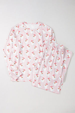 Santa Stripe Lounge Set in blush pink with a Santa Claus print and pinstripes.