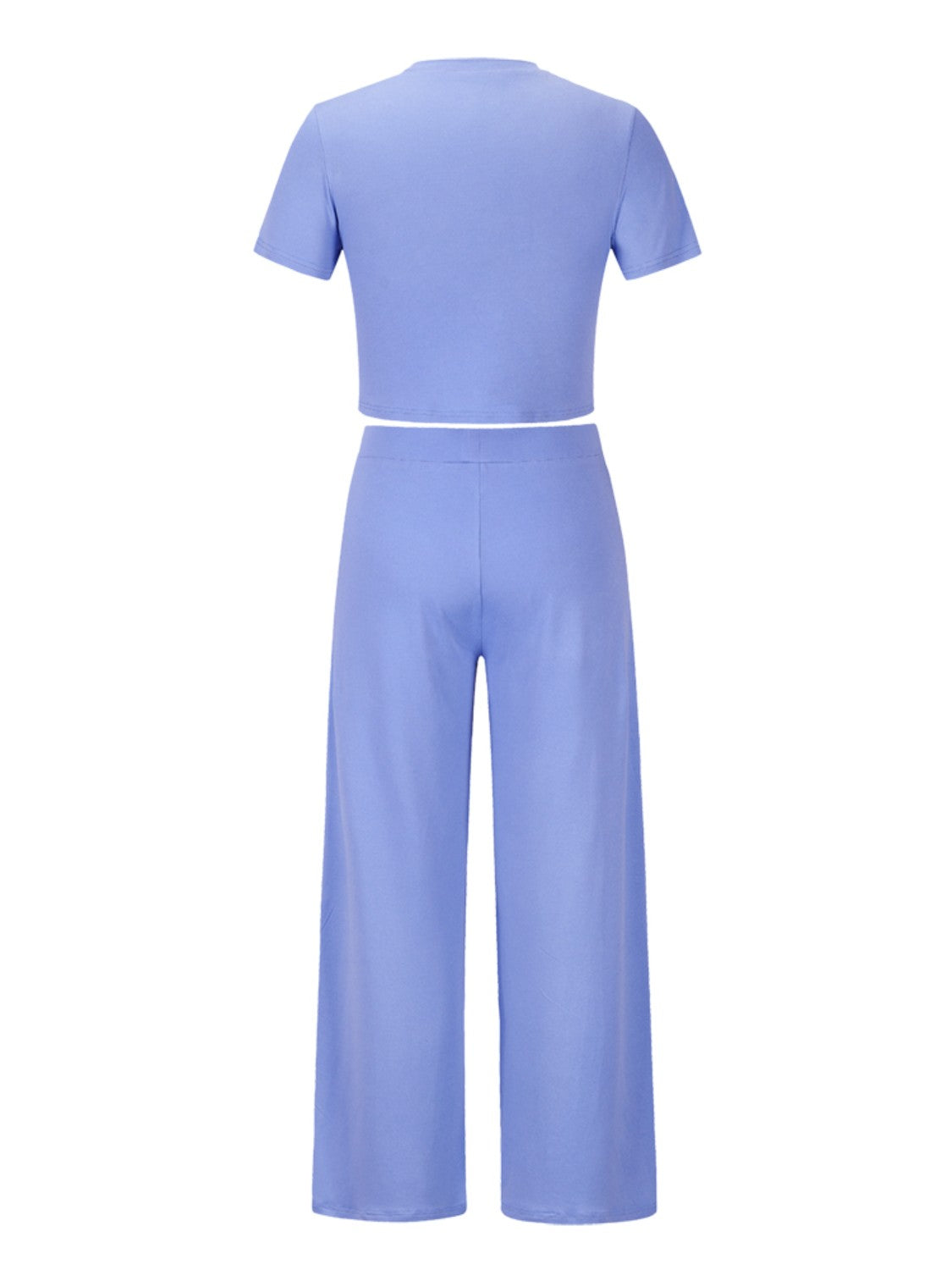 Cloudy blue pleated waist crop top and wide leg pants set