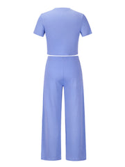 Cloudy blue pleated waist crop top and wide leg pants set