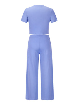 Cloudy blue pleated waist crop top and wide leg pants set