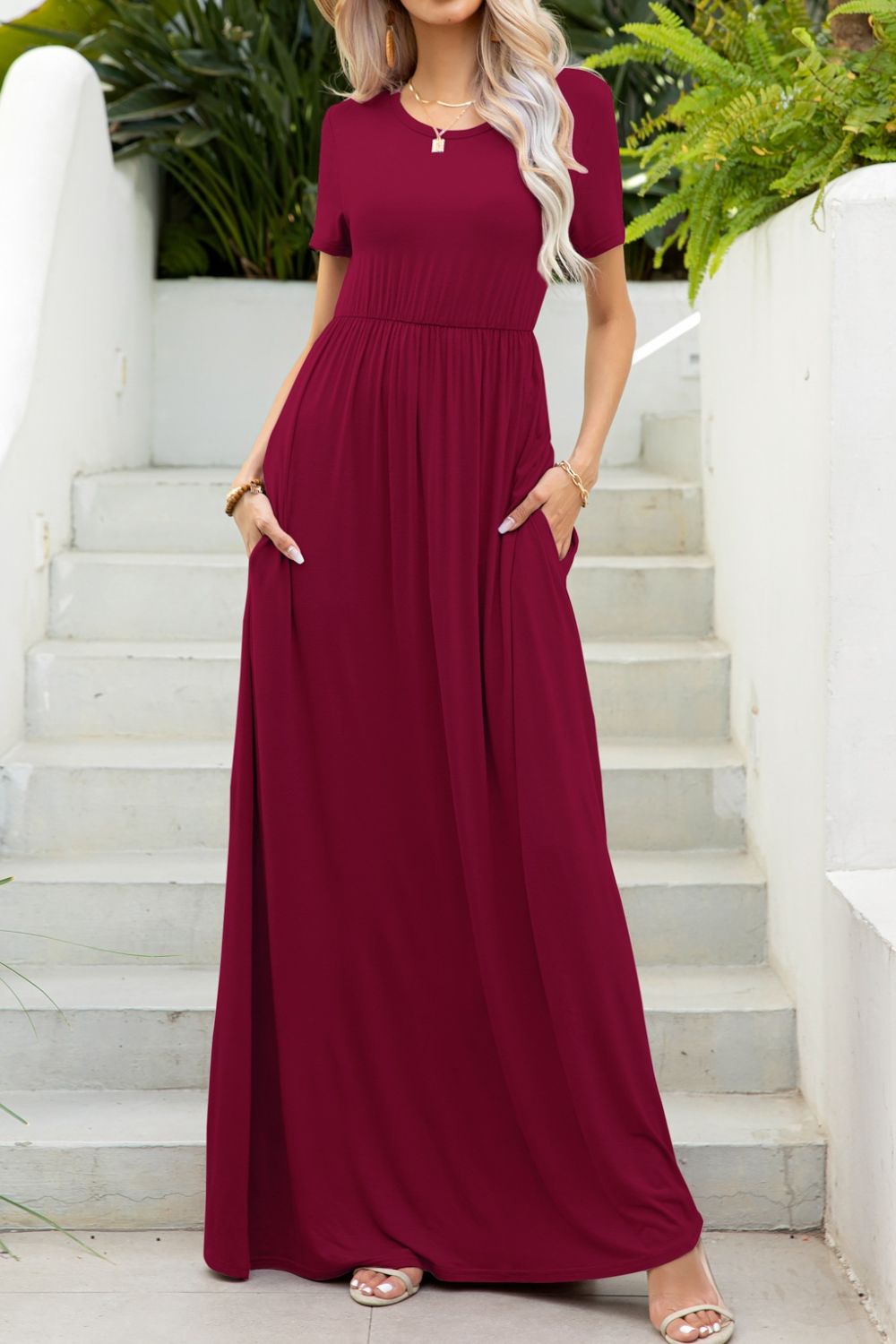Wine gathered waist maxi dress with short sleeves and pockets.