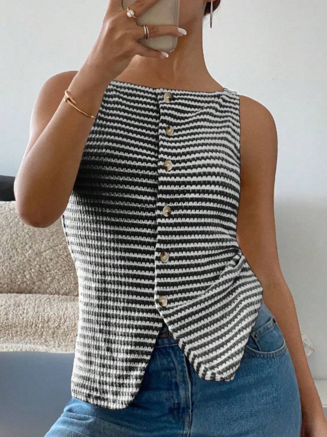 Textured stripe button-down tank top in black with a square neckline and button front.