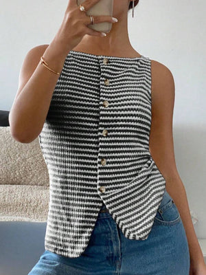 Textured stripe button-down tank top in black with a square neckline and button front.