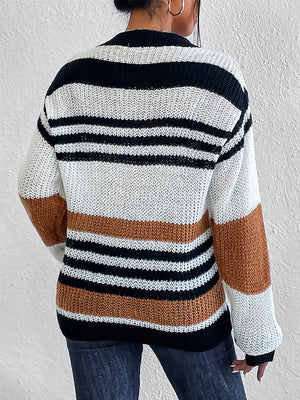 Colorblock stripe knit crewneck sweater in caramel, black, and white acrylic.