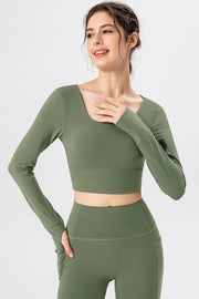 Matcha green crop top with thumbholes and square neckline