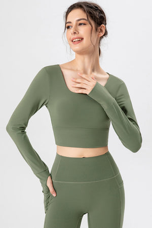 Matcha green crop top with thumbholes and square neckline