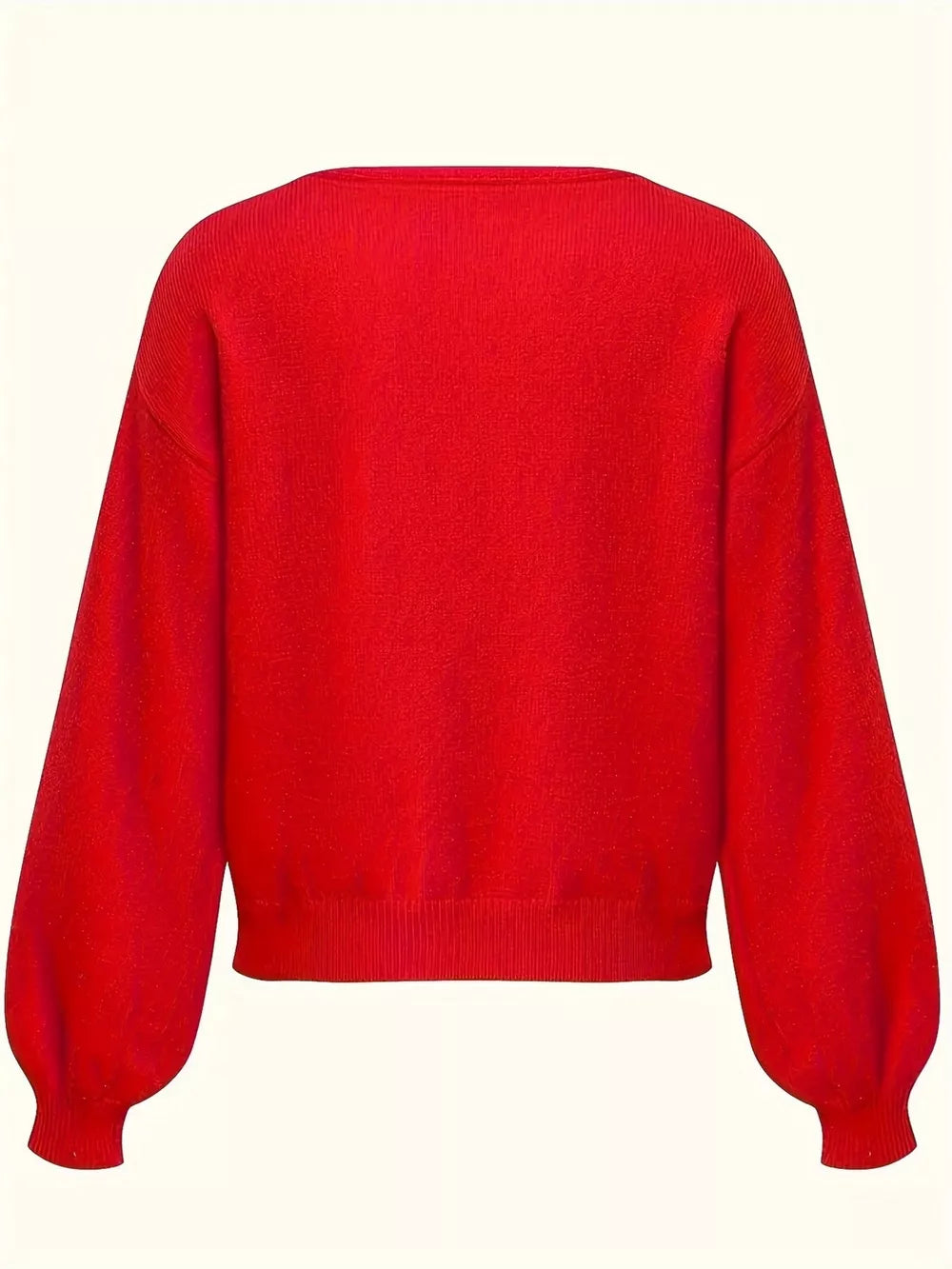 Red V-neck knit sweater with 3/4 balloon sleeves and ribbed cuffs and hem.