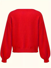 Red V-neck knit sweater with 3/4 balloon sleeves and ribbed cuffs and hem.