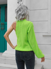 Neon green asymmetric cable knit sweater with one shoulder cutout and mock neck.
