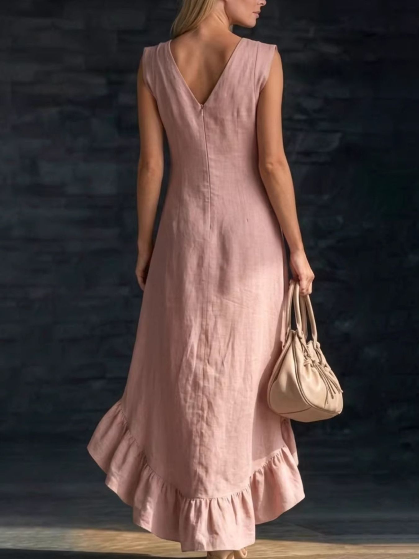 Dusty pink high-low ruffle hem dress with V-neck and cap sleeves.
