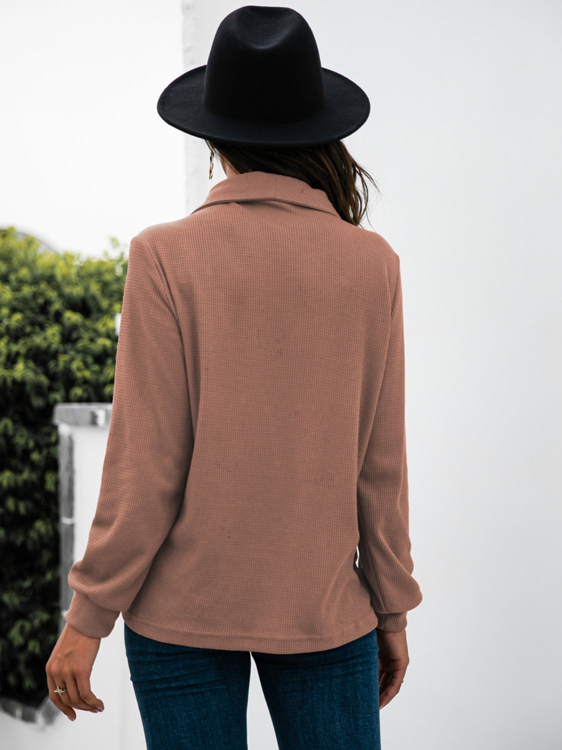 Button Chic long sleeve tee in Dusty Pink waffle knit with a collared neckline.