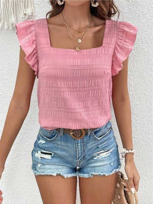 Textured pink square neck blouse with ruffle sleeves