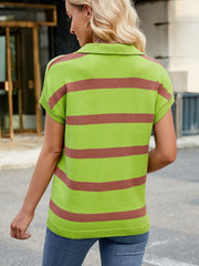 Polo stripe knit top in matcha green with cap sleeves and a collared neckline.