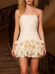 Strapless Ruffle Ruched Mini Dress in Apricot, front view