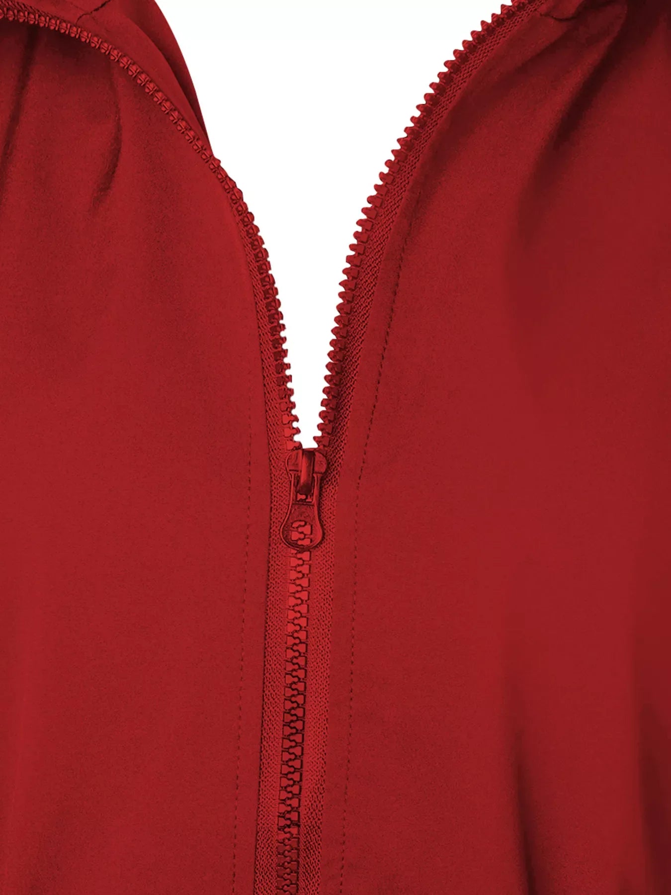 Red waterproof hooded zip-up jacket with a red zipper detail.