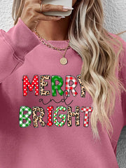 Blush Pink sweatshirt with "Merry and Bright" graphic in festive patterns and leopard print.