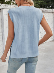 Light blue ribbed V-neck sweater vest with side slits, acrylic blend