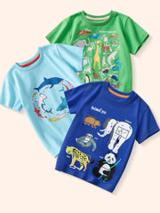 Cotton crew neck t-shirts with playful animal prints in royal blue, pastel blue, and green.