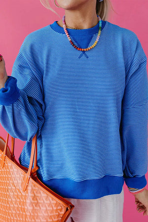 Stripe Ribbed Cuffs Long Sleeve Pullover Top in Royal Blue, close-up detail