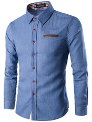 Light blue slim fit denim shirt for men with brown pocket detail and red buttons.