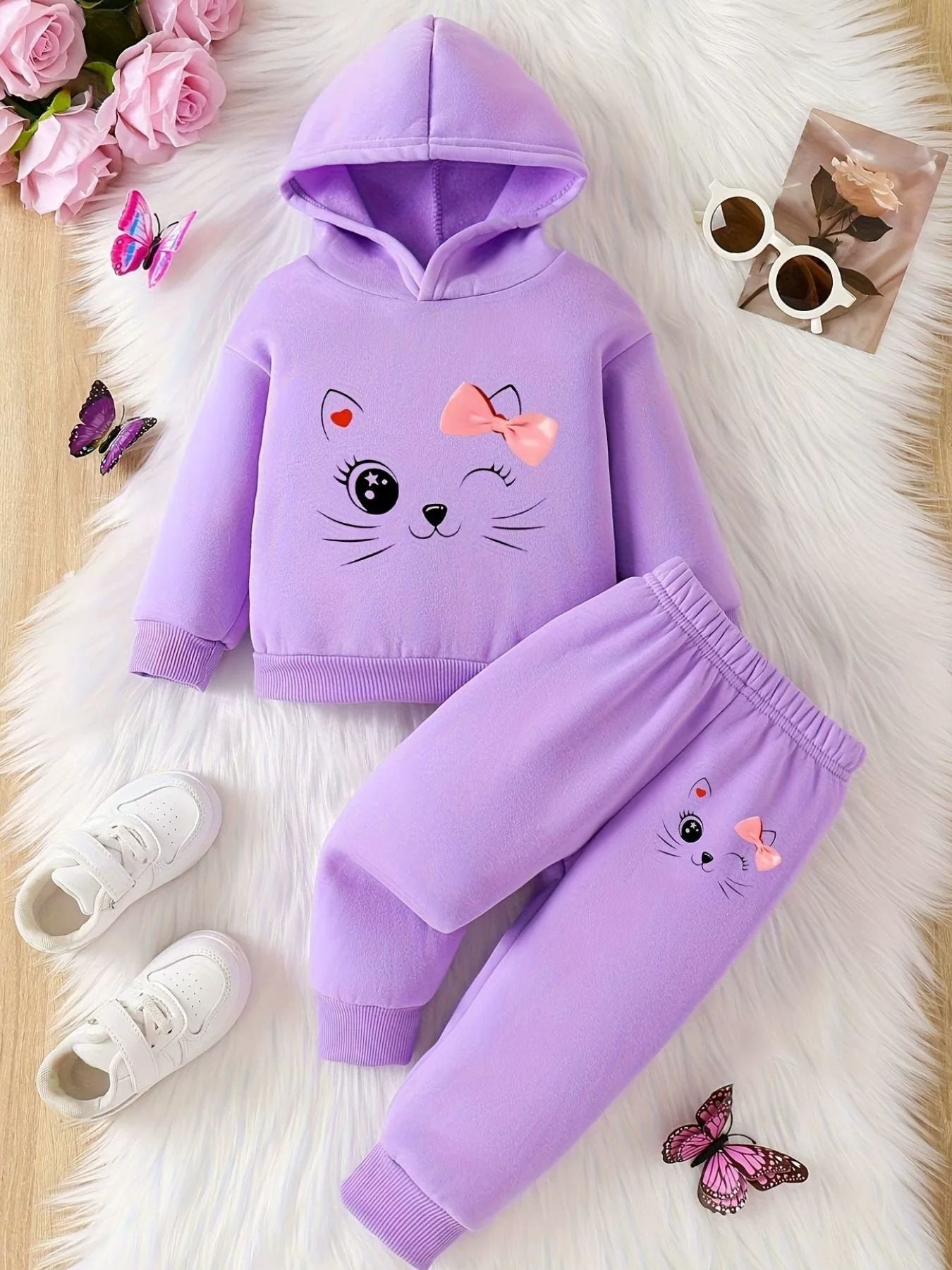 Lavender cat face hoodie and pants set with pink bows for baby girls.