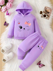 Lavender cat face hoodie and pants set with pink bows for baby girls.