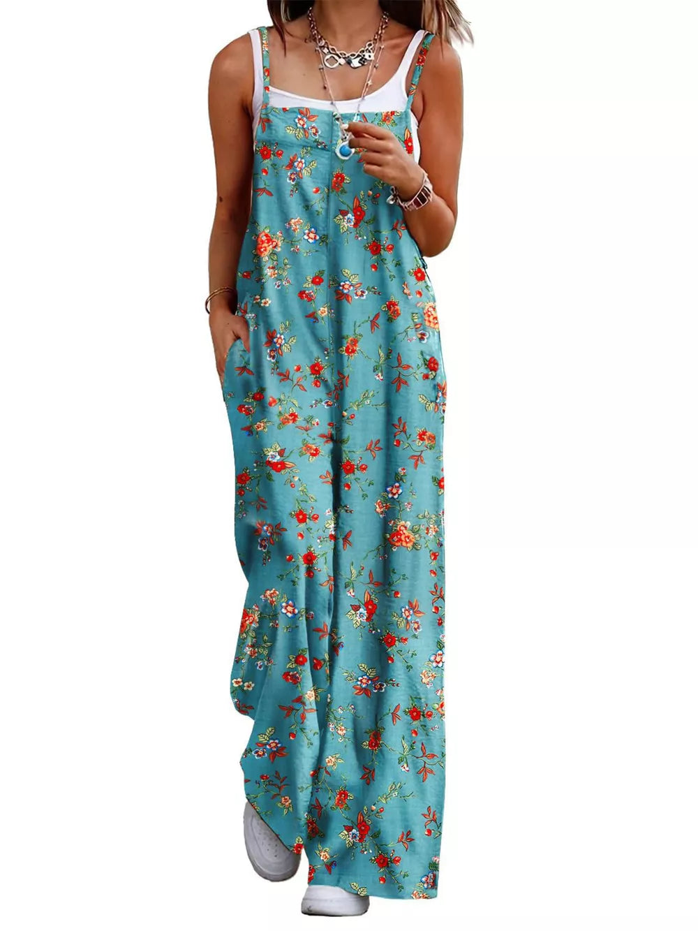 Floral Print Wide Leg Spaghetti Strap Overalls, fit detail