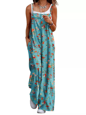 Floral Print Wide Leg Spaghetti Strap Overalls, fit detail