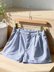 Blue and white striped chino shorts with cuffed hems and button closure.