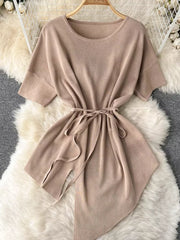 Apricot tied waist two-piece set with wide legs and asymmetric hem