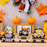 Halloween gnome car tableau set with pumpkins and ghosts, multicolor wood decor.